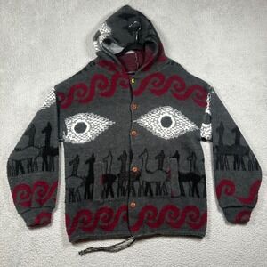 Artesanias Ramos Wool Hooded Cardigan Llama Knit Otavalo Ecuador XL Tribal Boho
